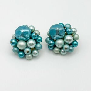 Vintage Japan Beaded Cluster Clip Earrings Turquoise Blue Pearl Beads